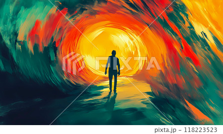 A man going into colorful tunnel, looking into abyss. Concept of loneliness, death, fantastic trip. Conscious dreaming, meditation, spiritual journey. AI-Generated item. 118223523