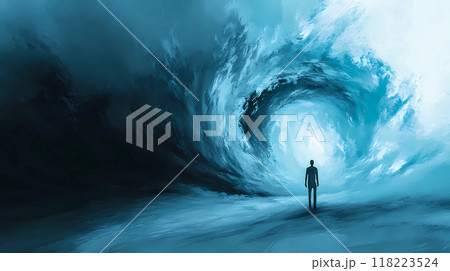 A man standing near a water tunnel. Human looking into a abyss. Concept of loneliness, death, depression, mental problems. Huge blue stormy wave power. AI-Generated content 118223524