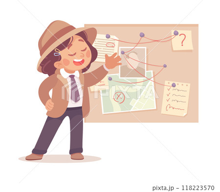 Inspecting Detective Girl Character at Suspect Board Investigating Case Vector Illustration Inspecting Detective Girl Character at Suspect Board Investigating Case Vector Illustration 118223570