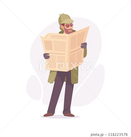 Inspecting Detective Man Character with Newspaper Investigating Case Vector Illustration 118223576