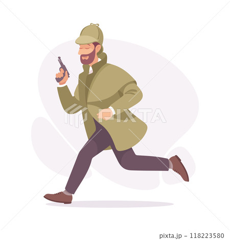 Inspecting Detective Man Character Chasing Criminal with Pistol Investigating Case Vector Illustration 118223580