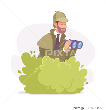Inspecting Detective Man Character Sit in Bush with Binocular Investigating Case Vector Illustration 118223582
