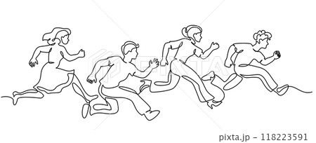Group of people running fast to success in competition. Continuous one line drawing. Group of people running fast to success in competition. Continuous one line drawing. 118223591