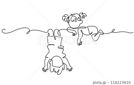 Little boy and girl playing branch. Continuous One line drawing Little boy and girl playing branch. Continuous One line drawing 118223610
