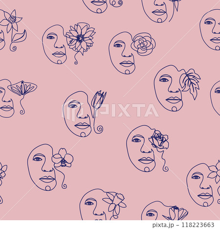 Outline woman face, abstract flowers leaves, line continuous drawing vector seamless pattern Outline woman face, abstract flowers leaves, line continuous drawing vector seamless pattern 118223663