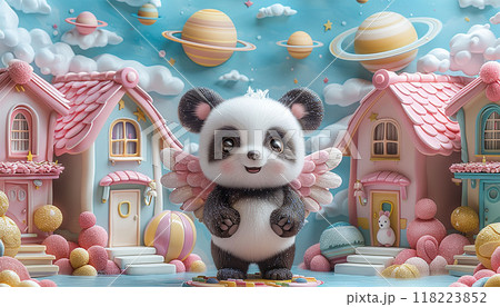 A cute panda with angel wings stands in front of candy houses and planets 118223852