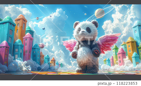 A cute panda with angel wings stands in front of candy houses and planets 118223853