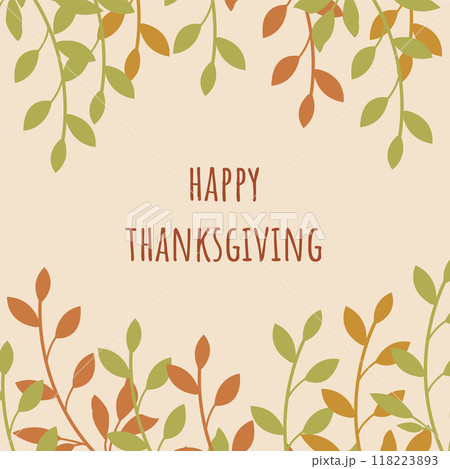 Happy Thanksgiving Text with Autumn Leaves. Fall Festive Design. Seasonal Thank You Postcard. Vector illustration Happy Thanksgiving Text with Autumn Leaves. Fall Festive Design. Seasonal Thank You Postcard. Vector illustration 118223893