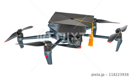 Drone pilot course. Drone with graduation cap, 3D rendering Drone pilot course. Drone with graduation cap, 3D rendering 118223938