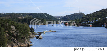 View from the Gamle Jaerbanen cycling route towards Egersund, Norway. 118223971
