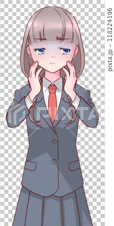 A pale high school girl in uniform holding her hand on her cheek 118224196