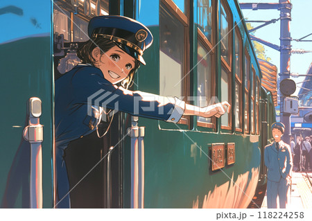 身を乗り出して安全確認する長距離列車の車掌_精密イラスト2 身を乗り出して安全確認する長距離列車の車掌_精密イラスト2 118224258