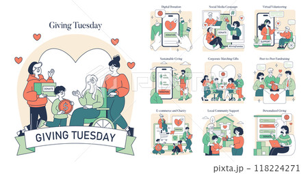 Giving Tuesday set. Illustrations depict various forms of charity and support including digital donations and sustainable giving. Workplace and community-based philanthropy. Vector illustration. Giving Tuesday set. Illustrations depict various forms of charity and support including digital donations and sustainable giving. Workplace and community-based philanthropy. Vector illustration. 118224271