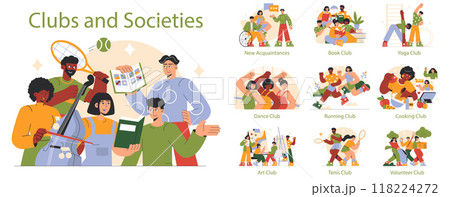 Clubs and Societies concept. Diverse groups engage in book dance cooking, and other activities. Shared interests uniting, community bonding, skill development. Vector illustration. 118224272