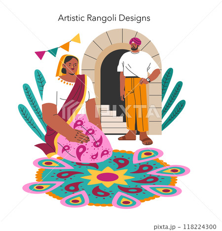 Navaratri celebration concept. Indian woman creating a colorful Rangoli design with a man observing, symbolizing festive traditions. Vector illustration. Navaratri celebration concept. Indian woman creating a colorful Rangoli design with a man observing, symbolizing festive traditions. Vector illustration. 118224300