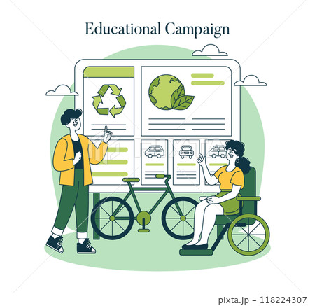 World Car Free Day concept. People with bicycles advocate for eco-friendly transportation next to an educational campaign board. Vector illustration. 118224307