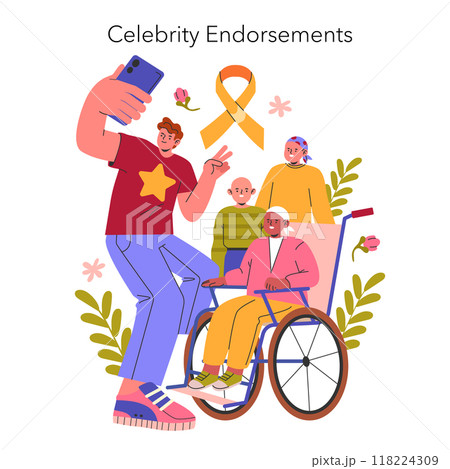 Childhood Cancer Awareness Month illustration with supportive celebrity taking a selfie with young patients and a golden ribbon symbol. Vector illustration. Childhood Cancer Awareness Month illustration with supportive celebrity taking a selfie with young patients and a golden ribbon symbol. Vector illustration. 118224309