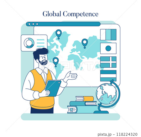 Global Competence concept. Illustration depicting online learning and international education with a man presenting a world map. Digital classroom, global awareness, cultural exchange. Vector 118224320