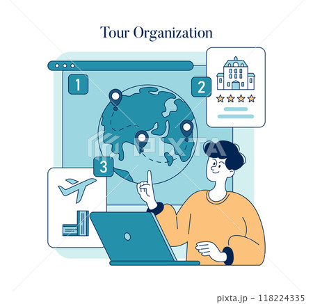 World Tourism Day concept. An individual plans a global tour using a laptop, with map pins and a hotel rating showcased. Vector illustration. 118224335