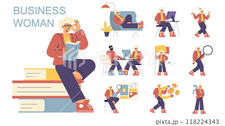 Businesswoman set. Professional female in various work scenarios, from meetings to analysis. Leadership, success, and multitasking. Vector illustration. 118224343