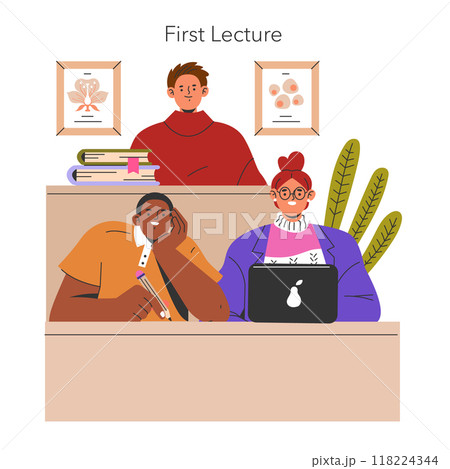 Freshman Year concept. A diverse group of students engaged in their first college lecture. Academic journey beginning, higher education setting. Vector illustration. 118224344