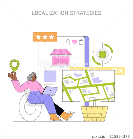 Global Market Expansion concept. Strategies for adapting business to local markets and consumer needs. Woman researching on laptop, city map. Vector illustration. 118224378