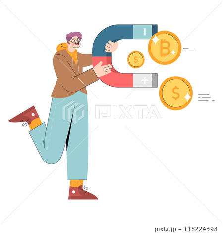 Diversity businessman concept. Entrepreneur with magnet attracting cryptocurrency and traditional money, representing financial diversity. Fintech and investment illustration. Vector illustration. 118224398