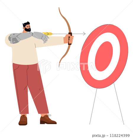 Diversity businessman concept. Bearded man with a prosthetic arm practicing archery, symbolizing precision and determination. Vector illustration. 118224399