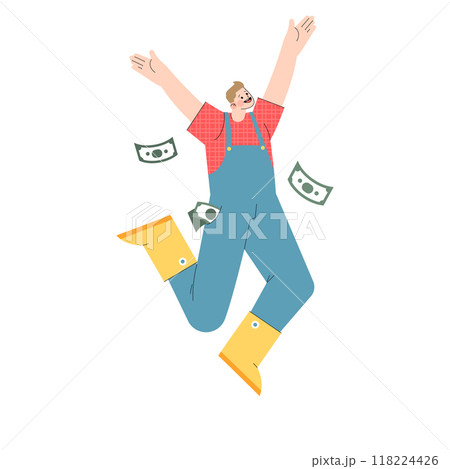 Joyful businessman jumping with money floating around, representing financial success and freedom. The image captures the excitement of prosperity. Vector illustration. Joyful businessman jumping with money floating around, representing financial success and freedom. The image captures the excitement of prosperity. Vector illustration. 118224426