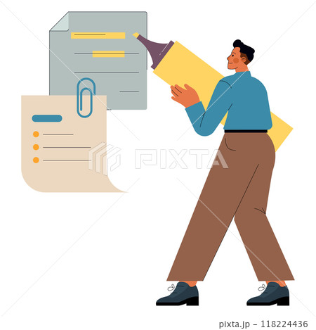 Inclusive work environment concept. An illustrated diverse businessman streamlines workflow with oversized documents. Office organization and efficiency. Vector illustration. 118224436