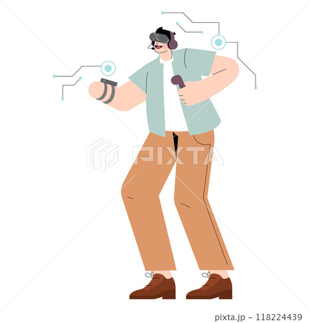 Diverse businessman concept. Modern male entrepreneur with digital interface, representing connectivity and tech-savvy leadership. Vector illustration. 118224439