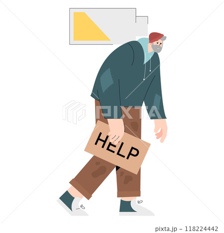 Homeless man illustration. A destitute male figure holding a sign asking for help, conveying urban poverty issues. Social inequality and economic hardship. Vector illustration. 118224442