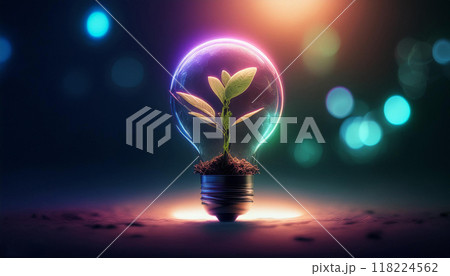 Green leaves in glass bulb on background of nature. Eco-friendly banner for environmental protection. 118224562