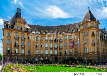 Luxembourg, Imposing historic city hall building with a curved facade and a clock tower Luxembourg, Imposing historic city hall building with a curved facade and a clock tower 118224610