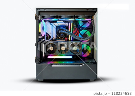 Showcase of a Modern Gaming Desktop Computer Build with Rainbow LED Lighting Showcase of a Modern Gaming Desktop Computer Build with Rainbow LED Lighting 118224658