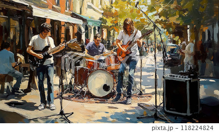 Street performers energize a lively downtown area with vibrant music on a sunny afternoon. 118224824