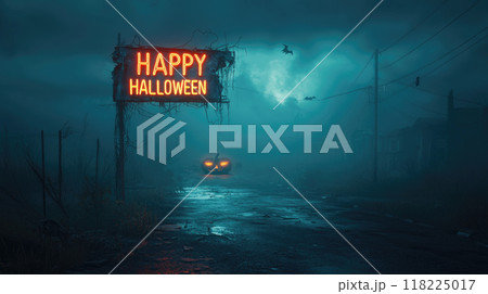 Scary road at blue mystic night, old neon sign Happy Halloween in spooky misty town. Concept of fantasy, horror, bat, pumpkin, background. 118225017