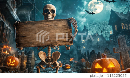 Happy skeleton holds old blank wooden sign at night, dead person and jack pumpkins on Halloween. Theme of ads, horror, mockup, board, greeting, party 118225025