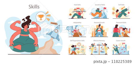 Skills development set. Professional competences hard and soft skills growth. Female character working towards success. Personal development. Flat vector illustration Skills development set. Professional competences hard and soft skills growth. Female character working towards success. Personal development. Flat vector illustration 118225389