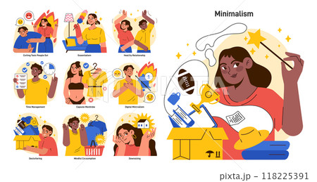 Minimalist lifestyle set. Simple and restrained living practices. Modern trendy idea of decluttering a living space and routine. Sustainable and mindful consumption. Flat vector illustration Minimalist lifestyle set. Simple and restrained living practices. Modern trendy idea of decluttering a living space and routine. Sustainable and mindful consumption. Flat vector illustration 118225391