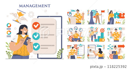 Management set. Successful strategy development and business planning. Motivation and leadership. Project manager, company ceo idea. Flat vector illustration Management set. Successful strategy development and business planning. Motivation and leadership. Project manager, company ceo idea. Flat vector illustration 118225392