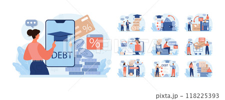Student debt set. Young graduated character with a financial crisis. Expencive education loan. Payment problem after a graduation. Flat vector illustration Student debt set. Young graduated character with a financial crisis. Expencive education loan. Payment problem after a graduation. Flat vector illustration 118225393