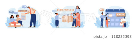 School preparation set. School kids with parents prepare for studying. Characters buying new clothes, textbooks and stationery. Elementary education, back to school idea. Flat vector illustration 118225398