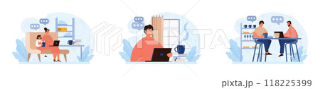 Hygge set. Happy people relaxing at home, family members leisure time. Slow lifestyle approach. Idea of coziness and comfort. Body and mind balance. Flat vector illustration 118225399