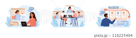 Virtual events set. Online education, conference, exhibition, friends meeting, business video call. Communication through the Internet. Flat vector illustration Virtual events set. Online education, conference, exhibition, friends meeting, business video call. Communication through the Internet. Flat vector illustration 118225404