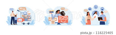School preparation set. School kids with parents prepare for studying. Characters buying new clothes, textbooks and stationery. Elementary education, back to school idea. Flat vector illustration School preparation set. School kids with parents prepare for studying. Characters buying new clothes, textbooks and stationery. Elementary education, back to school idea. Flat vector illustration 118225405
