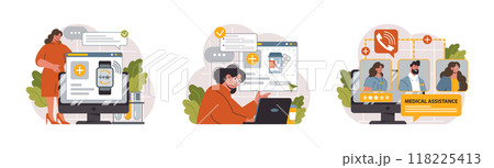 Telemedicine set. Online consultation with a doctor. Remote medical treatment by videocalling on a device. Medical worker video chat. Flat vector illustration Telemedicine set. Online consultation with a doctor. Remote medical treatment by videocalling on a device. Medical worker video chat. Flat vector illustration 118225413