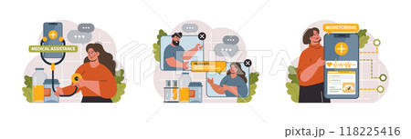 Telemedicine set. Online consultation with a doctor. Remote medical treatment by videocalling on a device. Medical worker video chat. Flat vector illustration 118225416