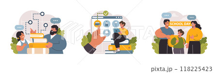 School preparation set. School kids with parents prepare for studying. Characters buying new clothes, textbooks and stationery. Elementary education, back to school idea. Flat vector illustration 118225423