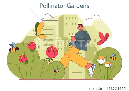 Pollinator garden. Summer countryside plants and meadow flowers for pollination. Honey bees, wasps and bumblebees pollinating flora. Beekeeping environment. Flat vector illustration Pollinator garden. Summer countryside plants and meadow flowers for pollination. Honey bees, wasps and bumblebees pollinating flora. Beekeeping environment. Flat vector illustration 118225435